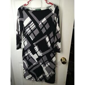 Lauren Ralph Lauren Woman S Sheath Dress Black White Grey 3/4 Sleeve Stretch...